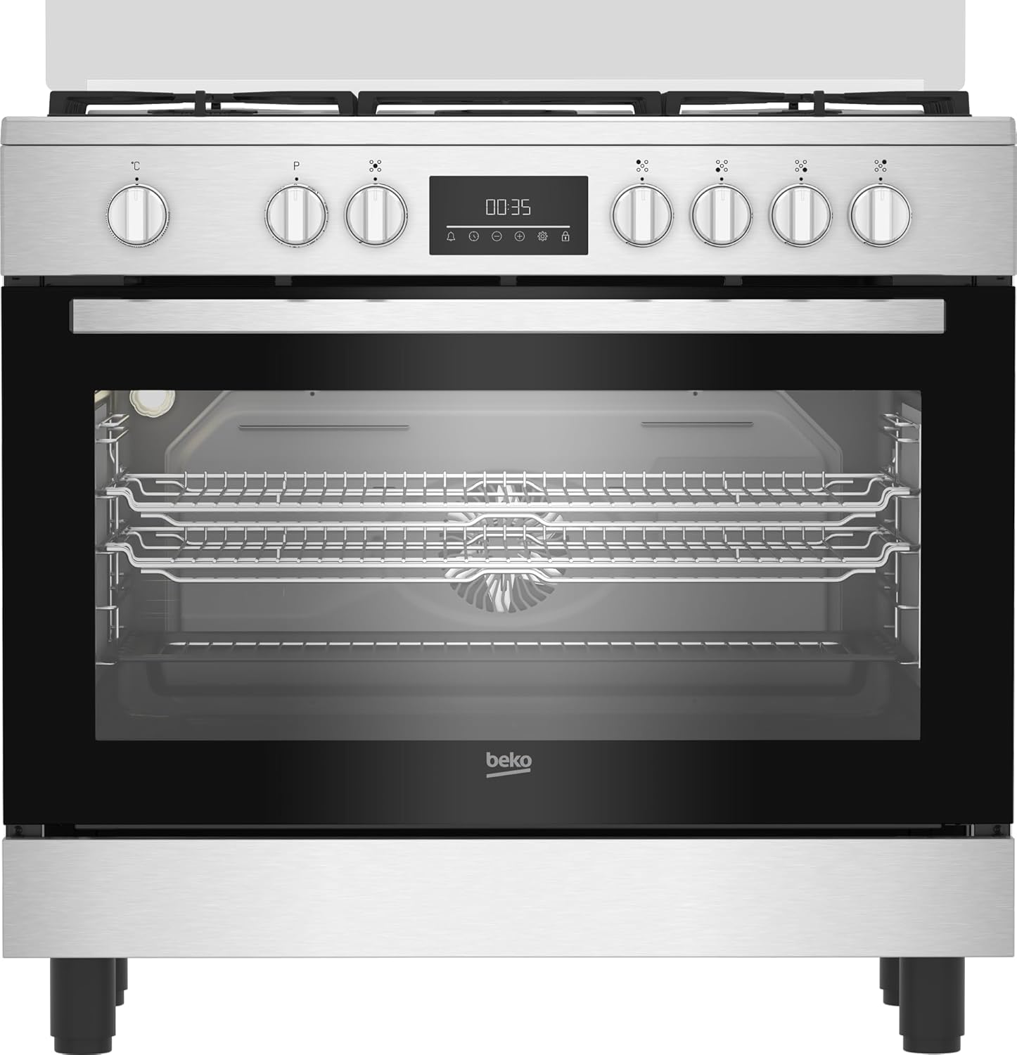 cuisinière 5 feux avec triple couronne – Cuisine à gaz 90 x 60 cm – Cuisinières, Beko, BGM11226EX, inox/noir, grilles en fonte