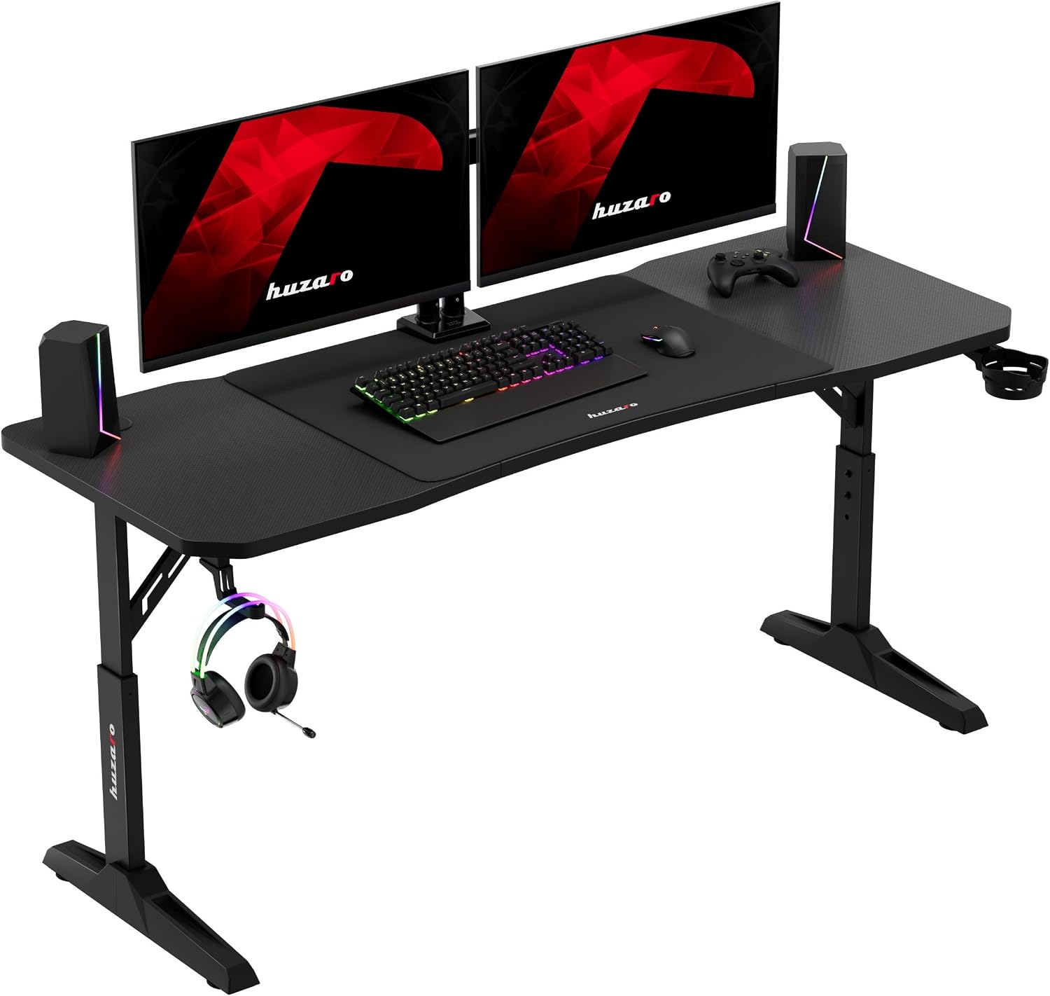 160x60 cm avec Surface Carbone – Hero 4.6 Bureau Gaming réglable en Hauteur – Bureaux, huzaro, Noir, Gestion des câbles