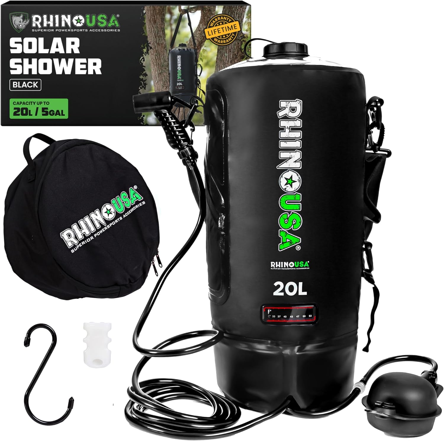 Douche solaire portable de 20 L - Indispensable pour le camping – Douches, Rhino USA, les festivals, les voyages à la plage, Noir