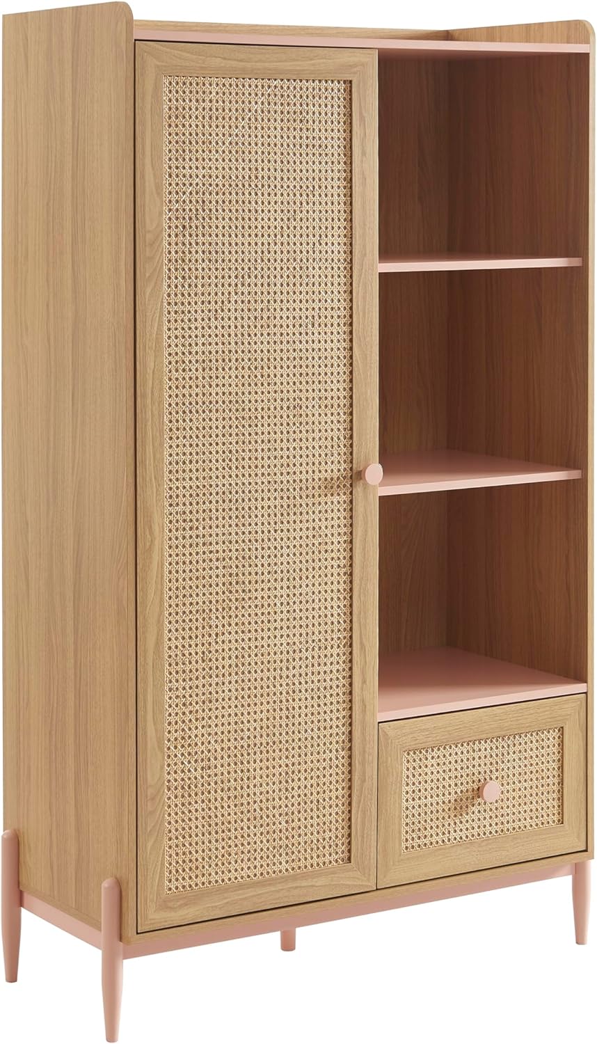 Armoire Pablo Rose et cannage rotin 1 Porte et 1 tiroir – Armoires, BAÏTA, 1 porte et 1 tiroir en cannage rotin, Rose/Beige