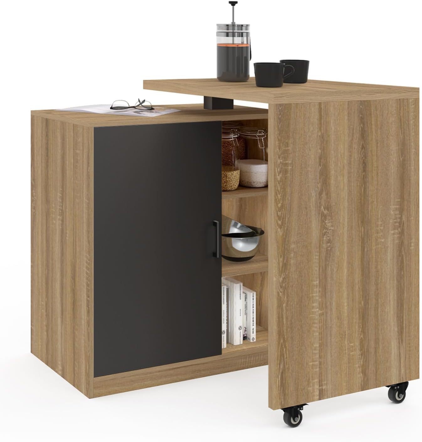 IDMarket Ilot rotatif POLO meuble de bar pivotant 2 en 1 imitation hêtre porte noire – Bois/Noir