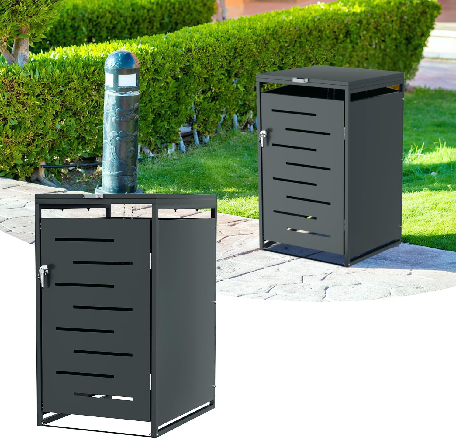 Ollewiellan Cache-poubelle pour 1 poubelle de 120 l et 240 l – avec serrure et amortisseur à gaz, revêtement en acier galvanisé, couleur anthracite