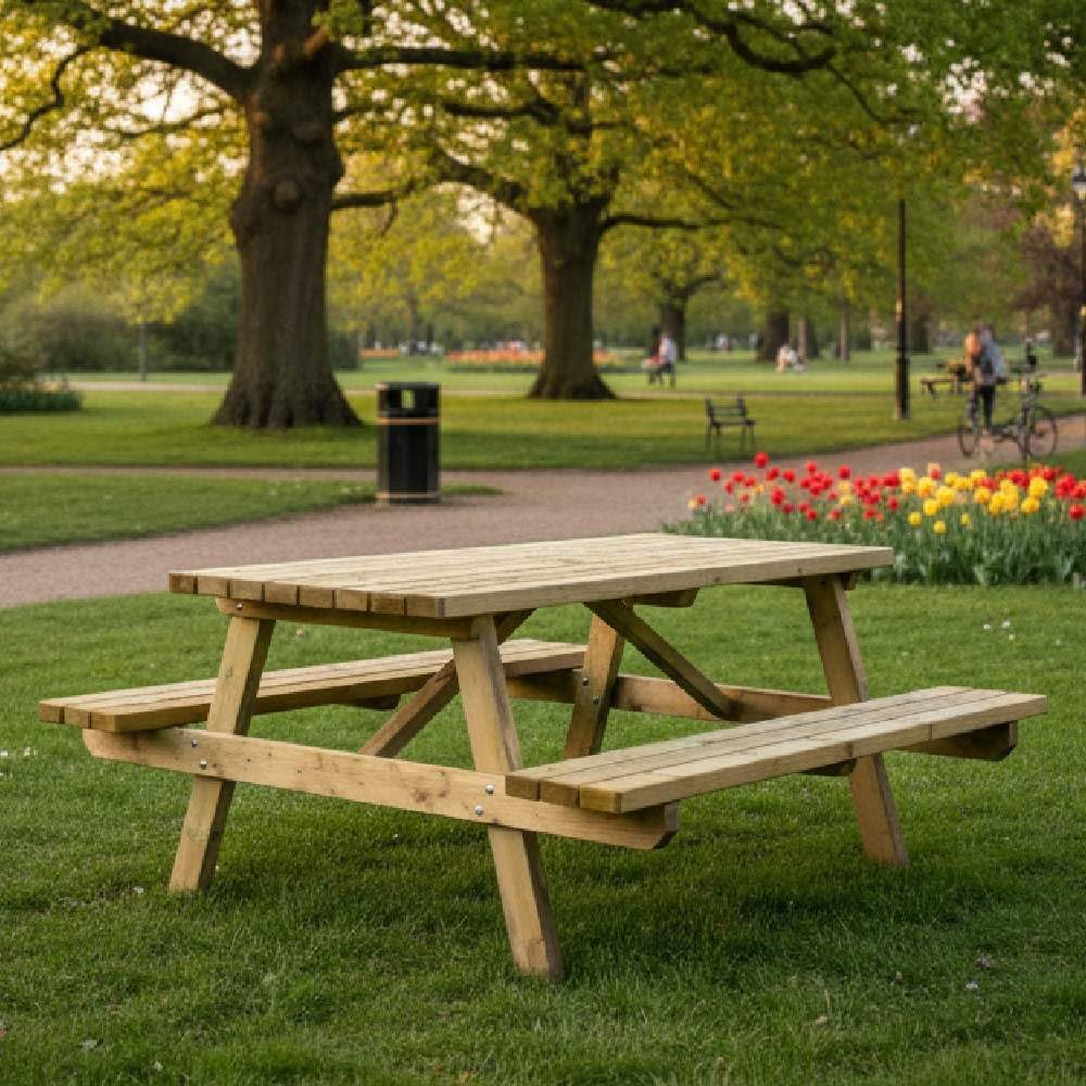 Table pique-nique en bois professionnel – SUNWOOD, épaisseur 44 mm, 180 x 165 cm, 100 % fabriqué en Italie