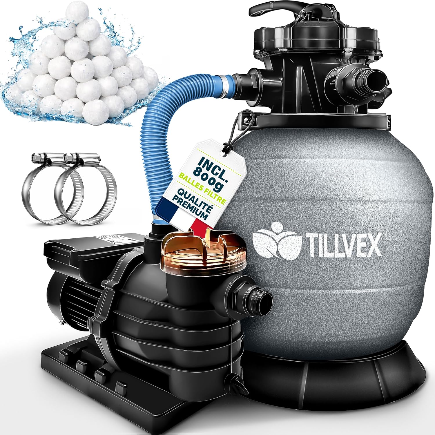 Filtre de Piscine avec indicateur de pression – Système de Filtre à Sable 10 m3/h + 800g Boules de filtre – Filtres, tillvex