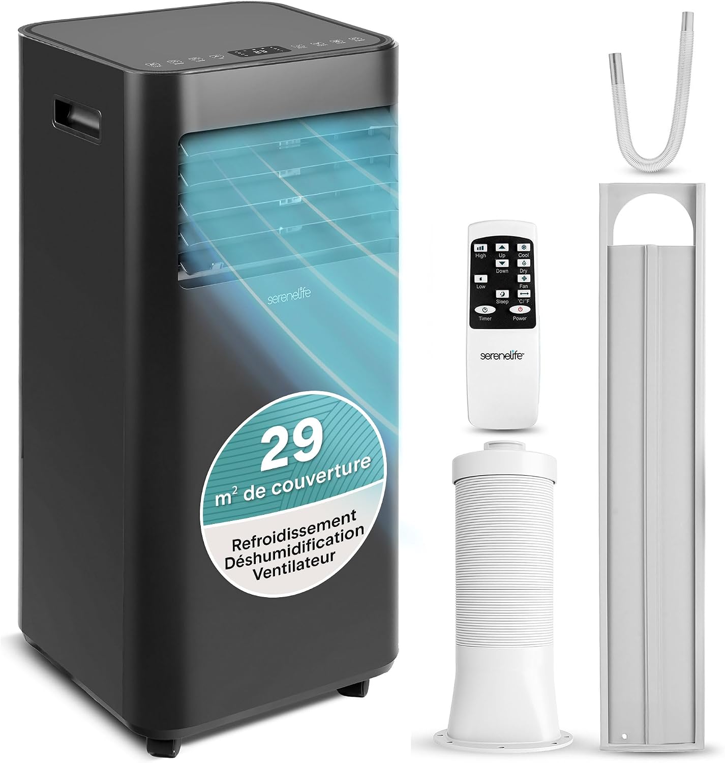 SereneLife Climatiseur Mobile 7000 BTU 2 – Compact avec Télécommande et Kit Fenêtre Noir, 05 kW, Climatiseur Portable avec Évacuation, Noir/Blanc