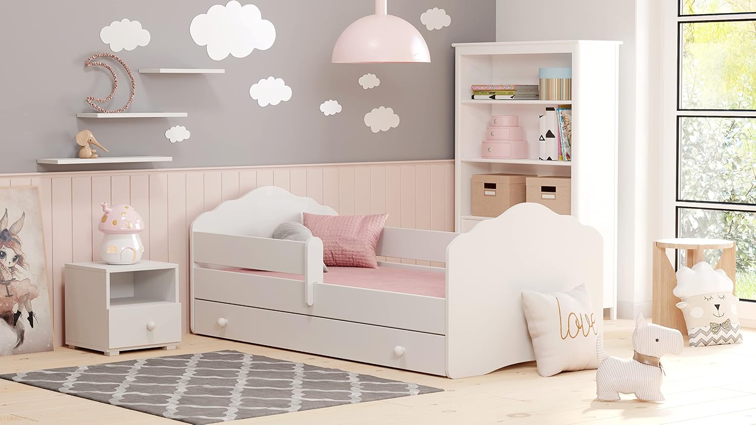 KOBI Lit Enfant FALA Blanc – avec Rangement é Tiroir, Lit Garcon Petite Fille Lits pour Enfants, 160x80 cm, avec Un Matelas et Un Cadre