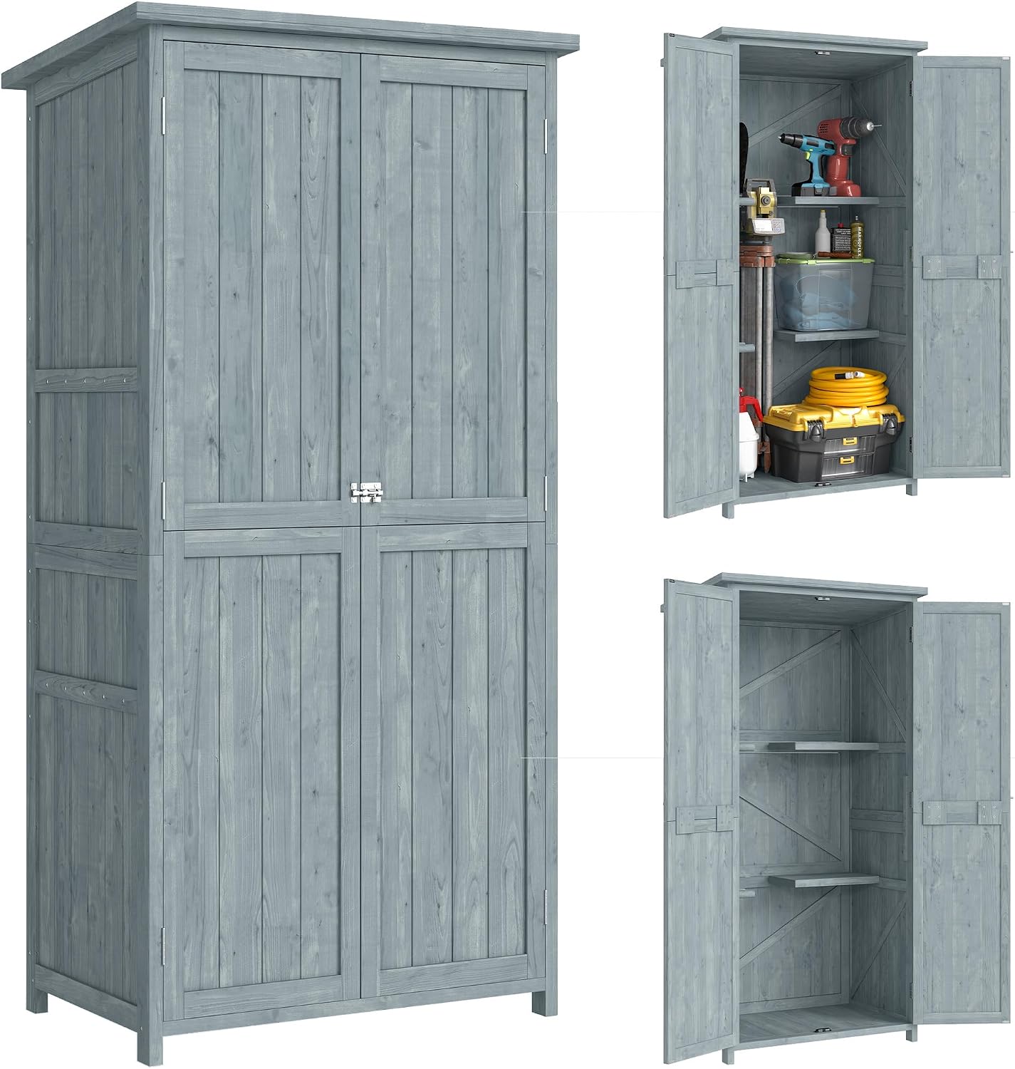 Outsunny Armoire de Jardin en Bois de Sapin pour Balcon et Terrasse avec 2 Portes Verrouillables – 85 x 54 x 170 cm Gris, 2 Étagères