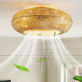 Ventilateur De Plafond Rétro En Bambou Avec Éclairage Plafond Télécommande Silencieux – GMWSM, 50 cm de diamètre, 20 cm de hauteur, Doré