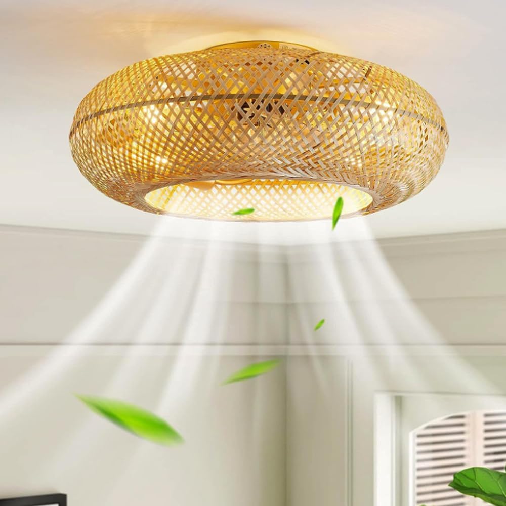 Ventilateur De Plafond Rétro En Bambou Avec Éclairage Plafond Télécommande Silencieux – GMWSM, 50 cm de diamètre, 20 cm de hauteur, Doré