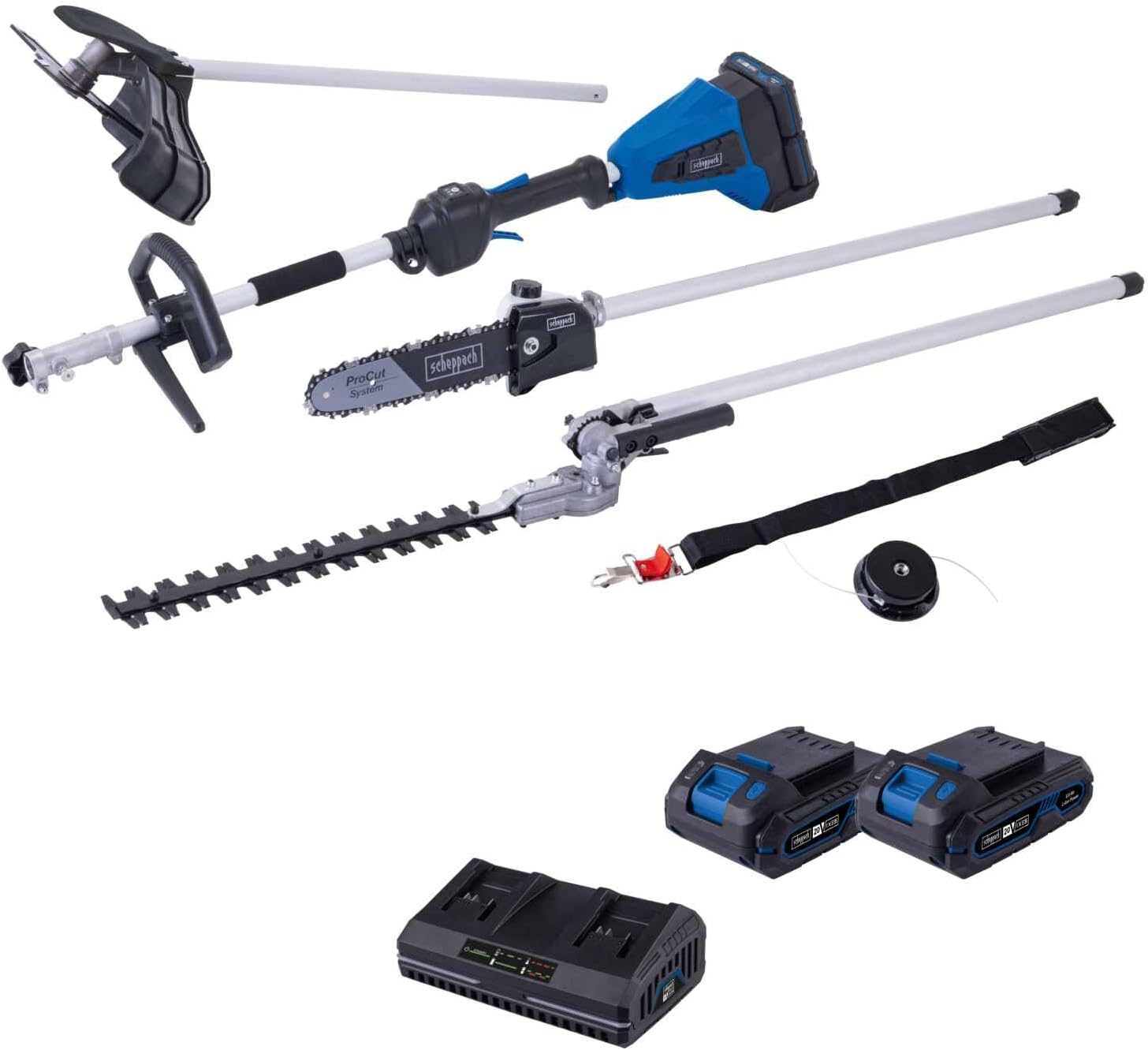Scheppach Appareil multifonction 4 en 1 BC-MFH400-X 20V Brushless Multigarten – avec batterie de 2 Ah et double chargeur, haute série 20V-IXES