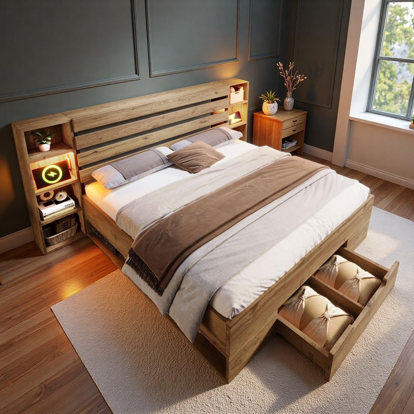 Sapgaks Lit Double en Bois Massif 180x200 avec éclairage LED – Cadre de lit 180x200 avec sommier à Lattes, Port USB-C, Tête de lit avec Rangement
