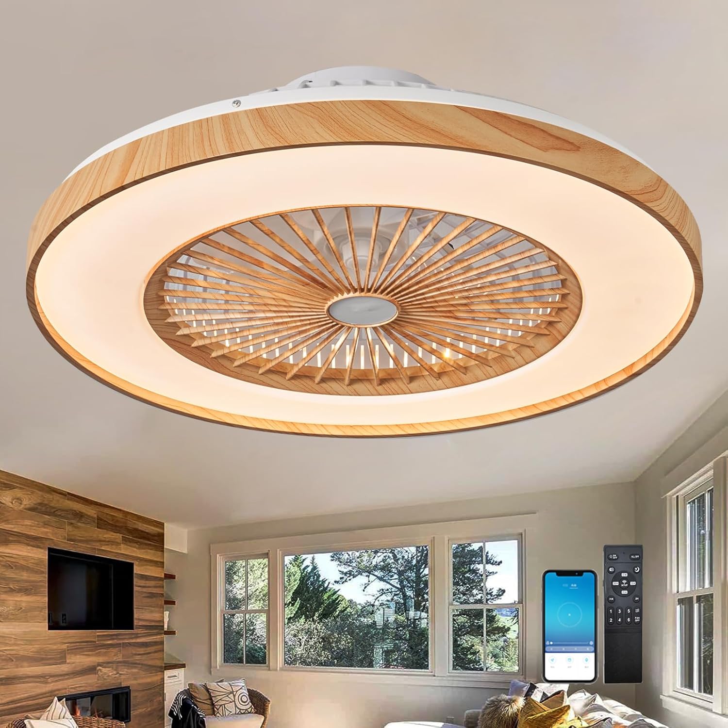 Fachae Silencieux Ventilateur De Plafond Avec Lumière Et Télécommande 50/60cm LED Grand Luminaire – Bois/Blanc