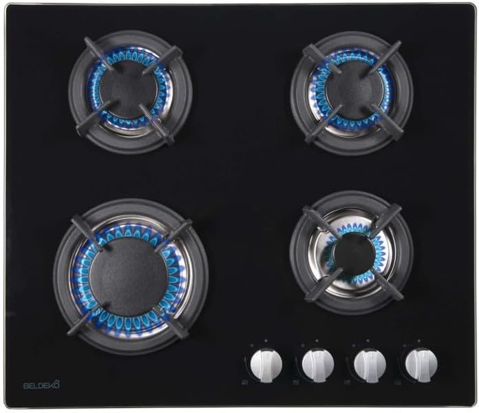 Plaque de Cuisson Gaz 4 Feux - 7500W - Verre Noir - Grilles Fonte - Marque Française – Tables de cuisson, BELDEKO