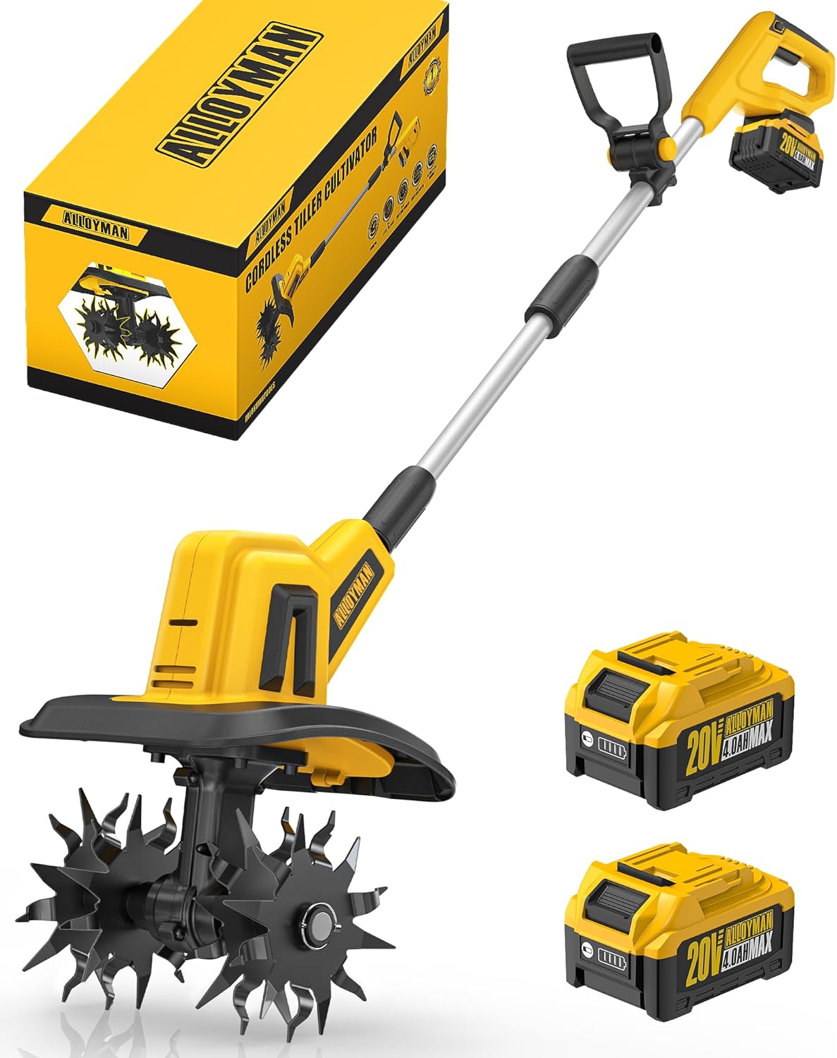 avec 2 batteries de 2 – Motoculteur électrique sans fil 20 V – Cultivateurs et bêches rotatives, Alloyman, 0 Ah et chargeur