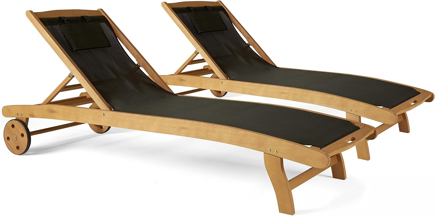 Lot de 2 Bains de Soleil en Bois inclinable avec Roues Noir – Oviala, Hauteur 203 cm x largeur 31 cm x Profondeur 66 cm
