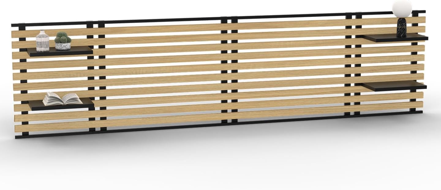 Tête de lit Suspendue en Lattes Detroit 240 cm Bois et métal Noir avec étagères Design – Têtes de lit, IDMarket, Bois/Noir