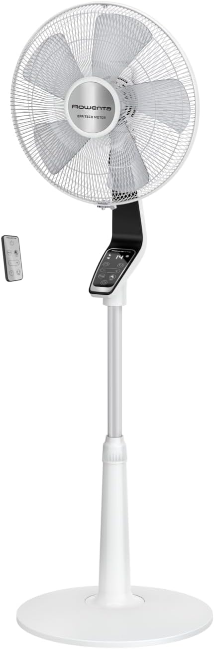Rowenta Turbo Silence Extreme Ventilateur sur pied – Télécommande VU5690F0, Timer 12h, Blanc et Métallisé, Puissant