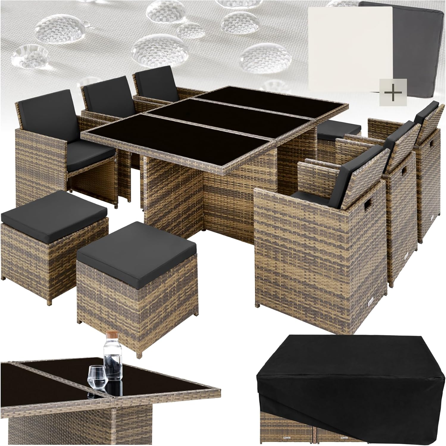 2 Sets de Housses + Housse de Protection – tectake, Marron Naturel, Marron/Noir/Crème
