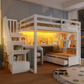Sweiko Lit Mezzanine en Bois – 140x200cm lit superposé avec escalier de Rangement et tiroirs, et l'éclairage LED, sans Matelas, White, Blanc
