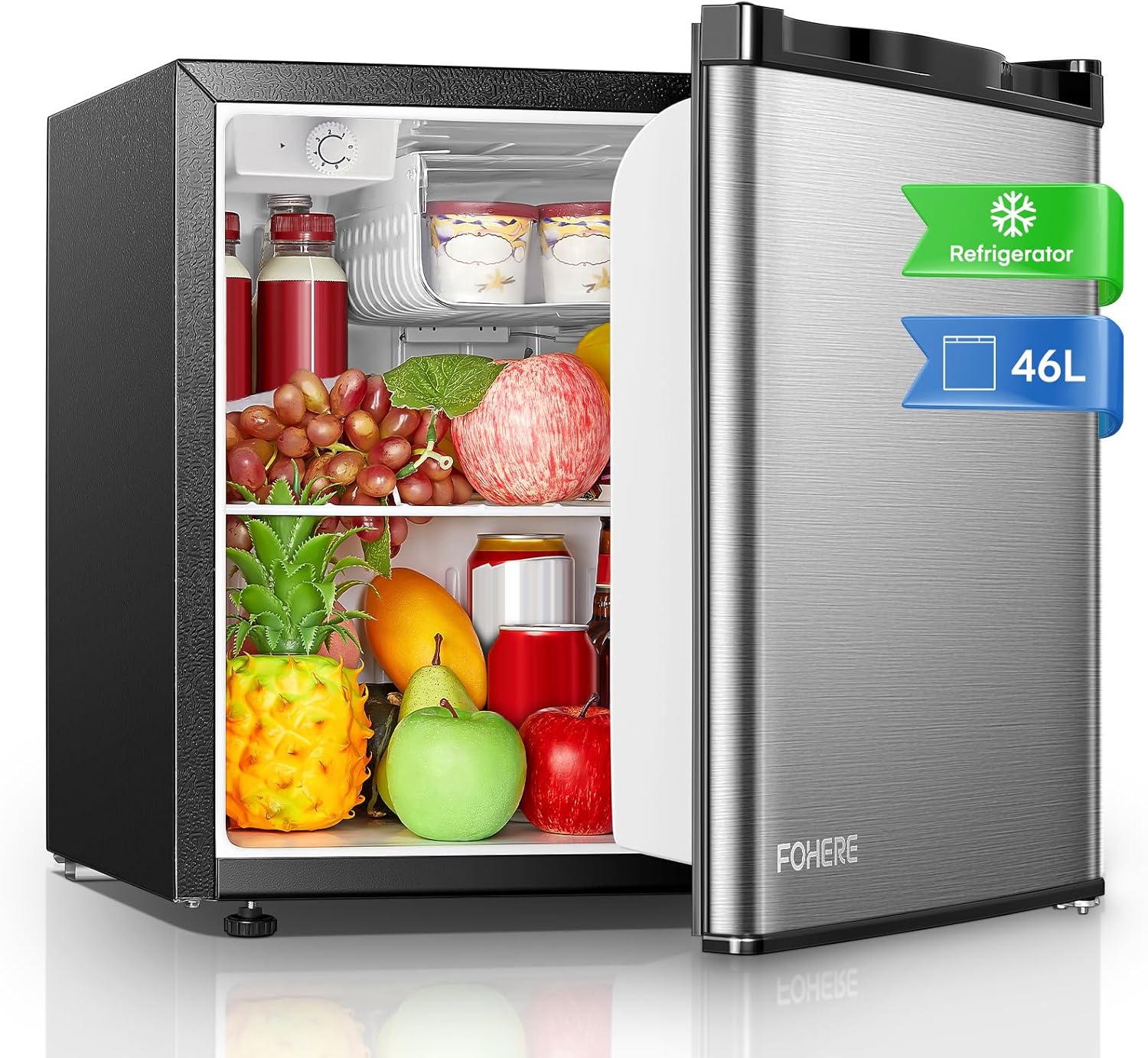 Mini Réfrigérateur 46L – FOHERE, Petit Frigo avec Thermostat Réglable, Économie d'Énergie, Silencieux, Porte Réversible, Minibar