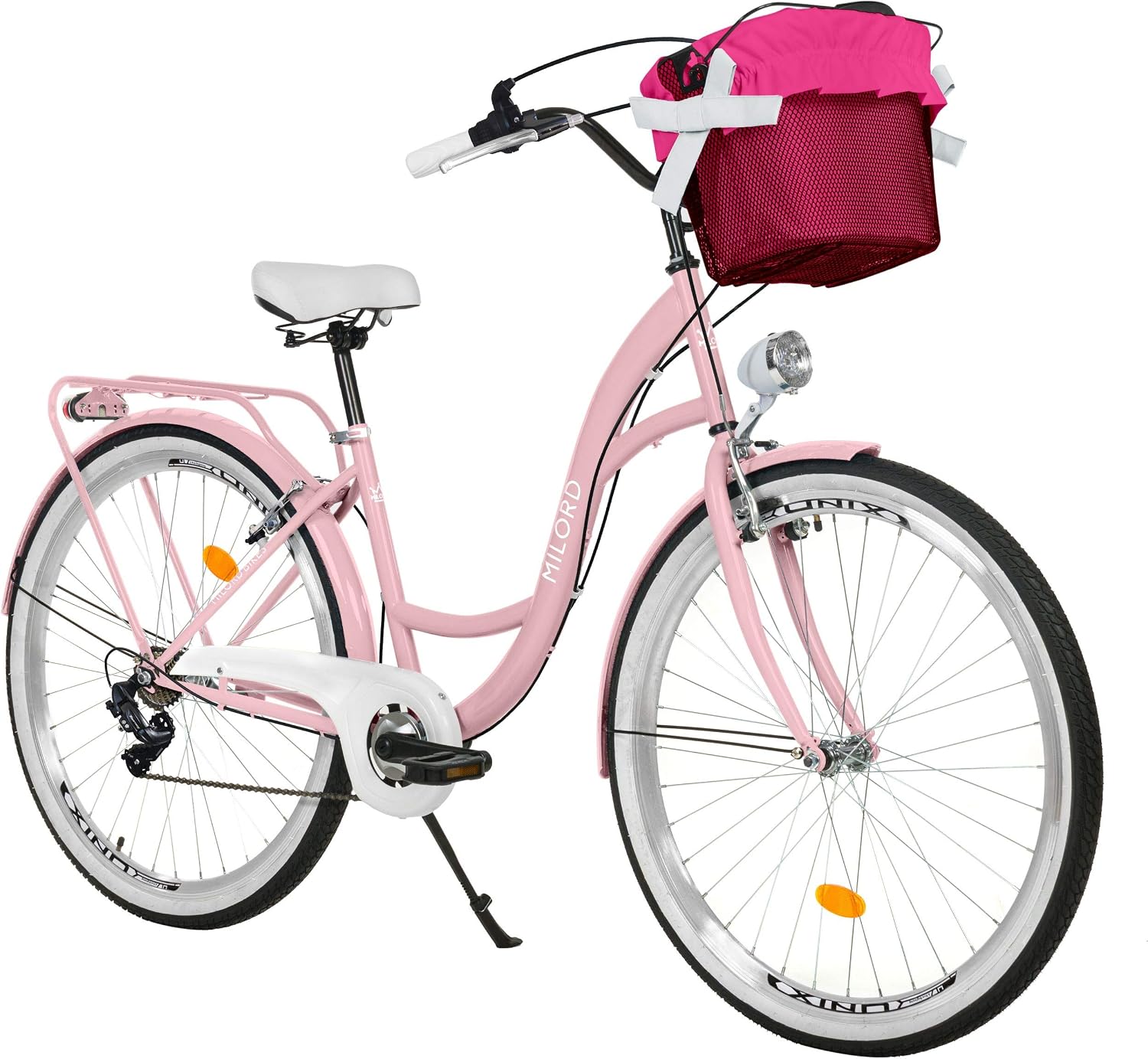 Rose à 7 Vitesse de 28 Pouces avec Panier et Porte-Bagages arrière – . Vélo Confort – Vélos de ville, MILORD, vélo néerlandais