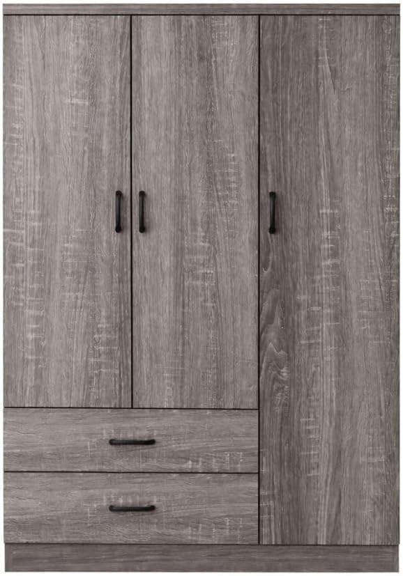 Armoires – Proconfort, Armoire Valentina 3 Portes, Rangement pour Chambre, 120 x 52 x 190 cm, 2 Tiroirs et Penderie avec Étagères, Bois Grisé