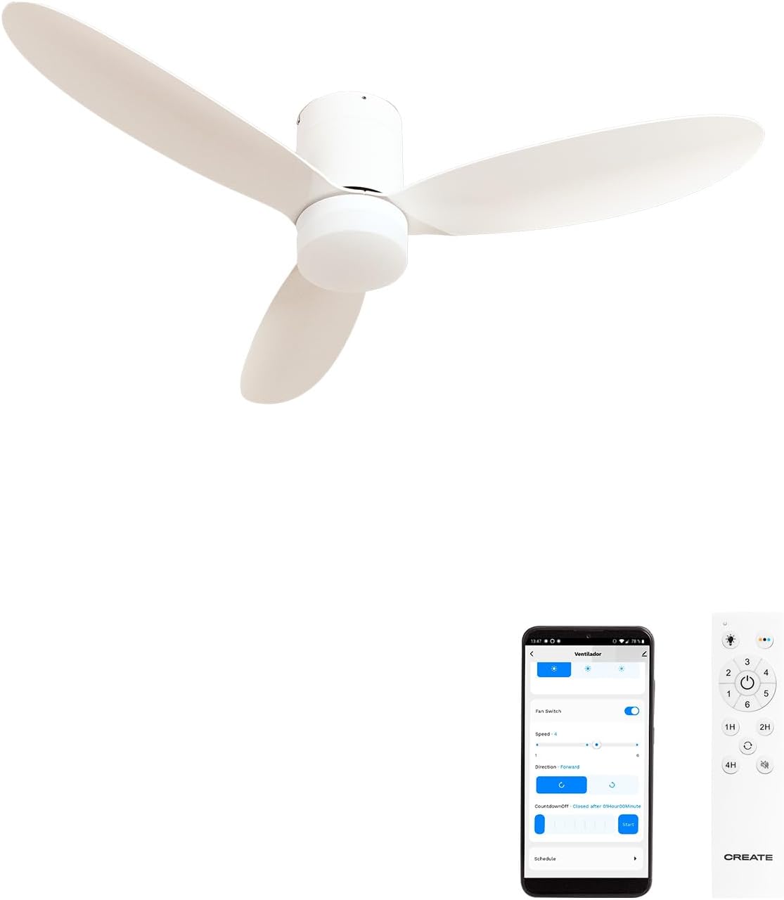 / WIND LITE/Ventilateur de plafond avec lumière blanc avec Wifi et télécommande / 40W – CREATE, Ø132 cm, 6 vitesses, Silencieux, programmable