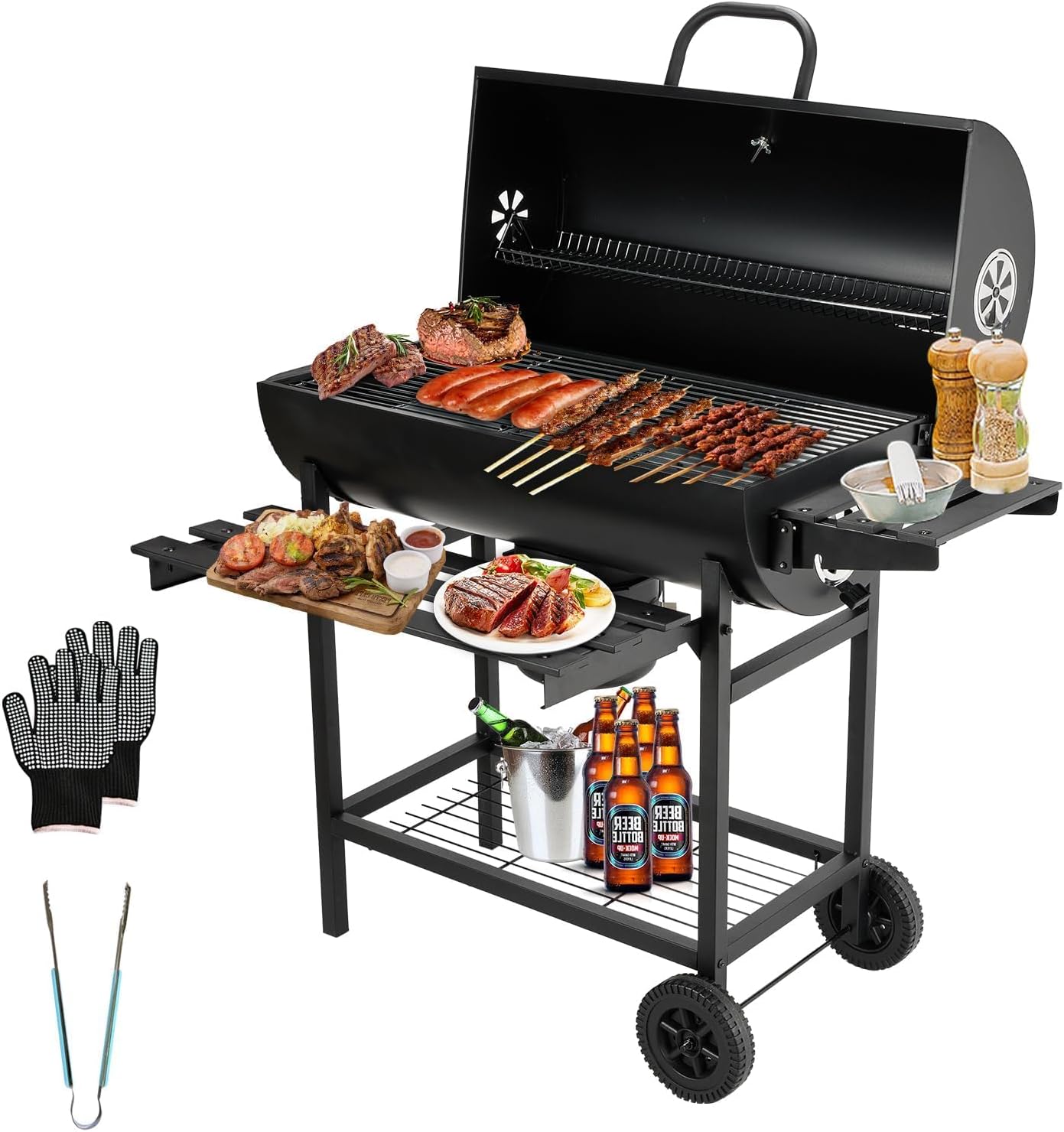 Évent Réglable – Barbecue au Charbon de Bois avec Grille de Cuisson XXL – Barbecues à charbon, TEENO, Gants Anti-Brûlures