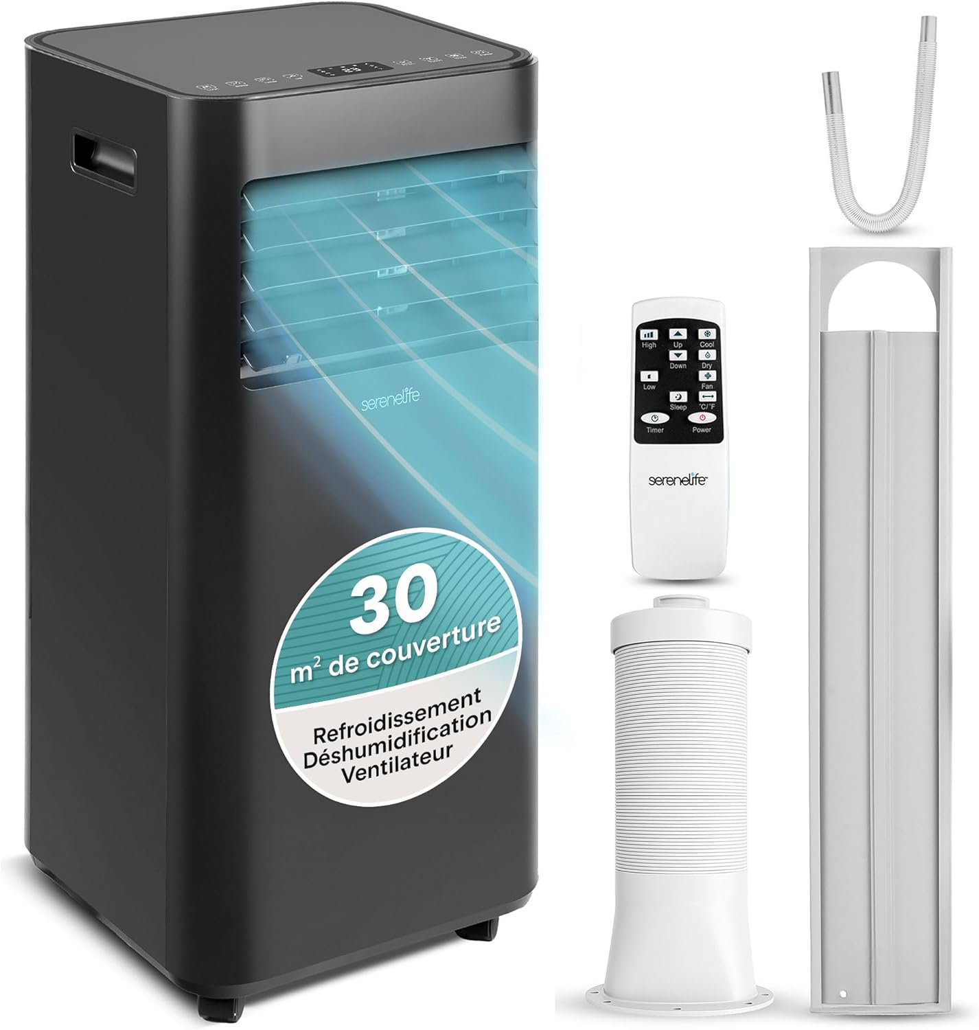 SereneLife Climatiseur Mobile 9000 BTU 2 – Télécommande et Kit Fenêtre, Silencieux 54 dB, 0 kW, 3 en 1 Refroidissement Déshumidificateur Ventilateur