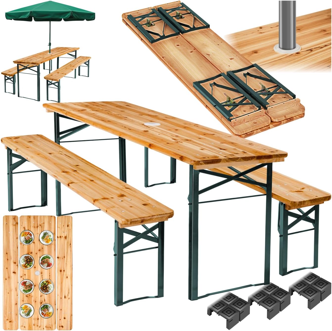 Ensemble de Table extérieure et Banc en Bois de Brasserie 3 pcs. Salon de Jardin Pliable & – tectake, avec Support Parasol