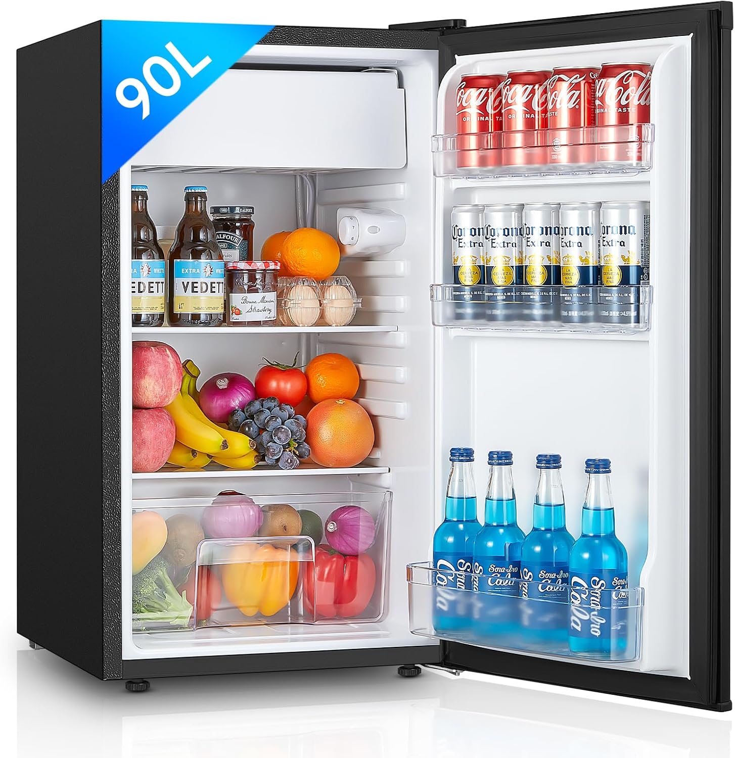 FOHERE Petit Frigo avec Congélateur de 91L – Thermostat Réglable, Bac à Légumes, Noir, Réfrigérateur à une porte