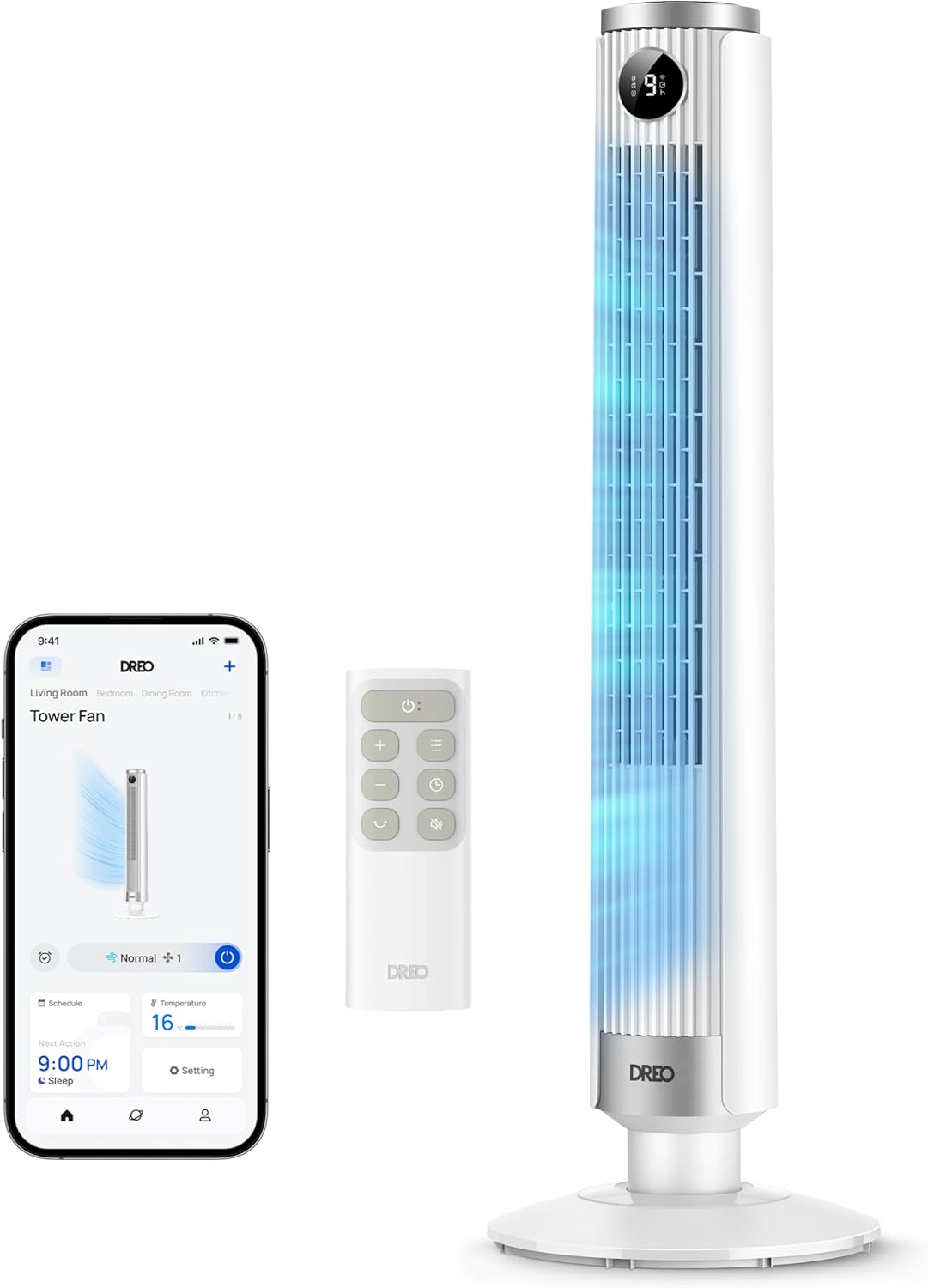 DREO Ventilateur colonne intelligent 554S – ventilateur sur pied réglable 102–114 cm, silencieux 20 dB, 9 vitesses, 4 modes, 8.4 m/s, minuterie 12 h