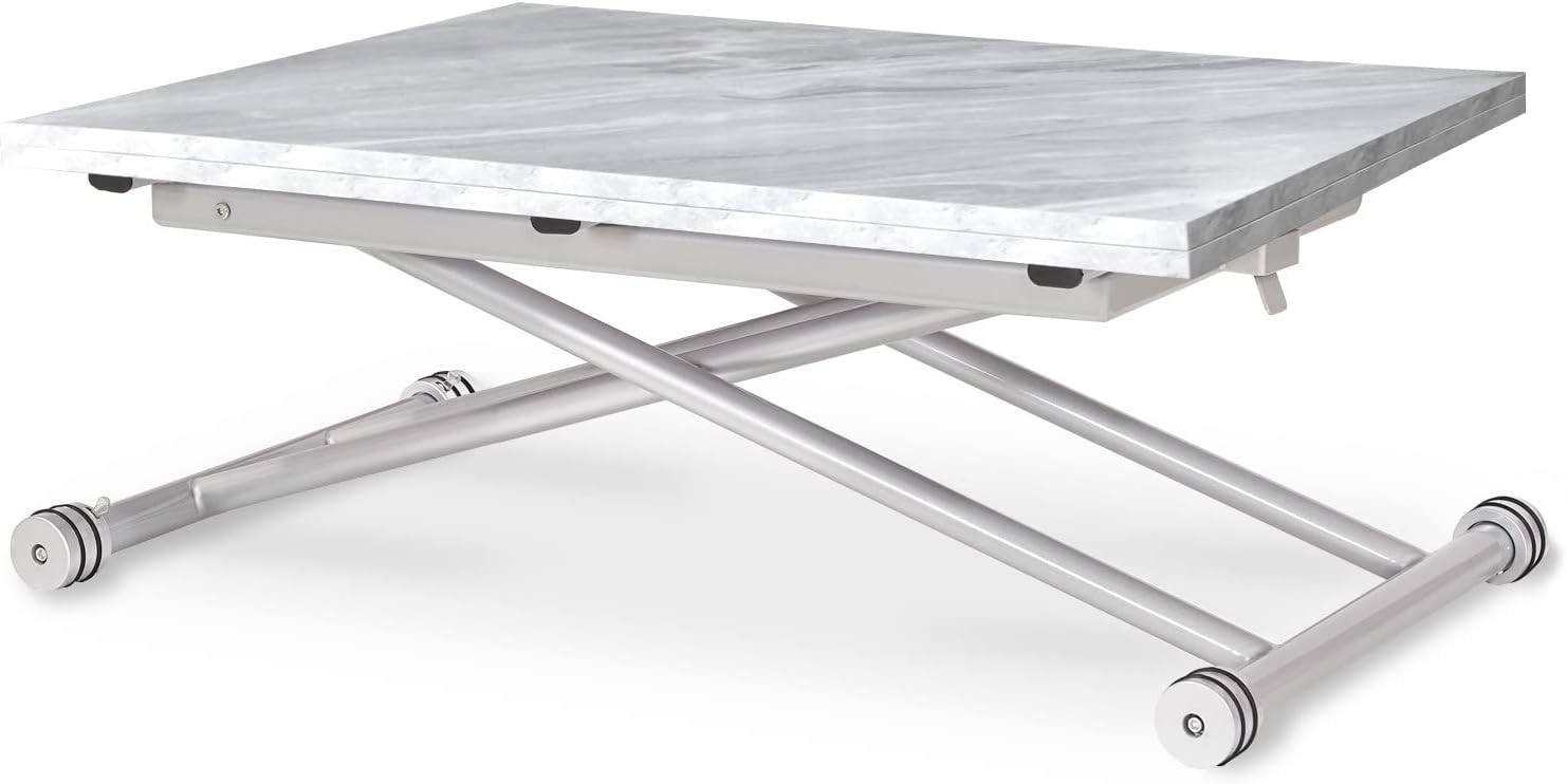 Table Basse relevable Philadelphia Effet marbre – Tables basses, INTENSE DECO, 57 x 100 cm Ouverte: 114 x 100 cm Hauteur: 39 / 76,3 cm