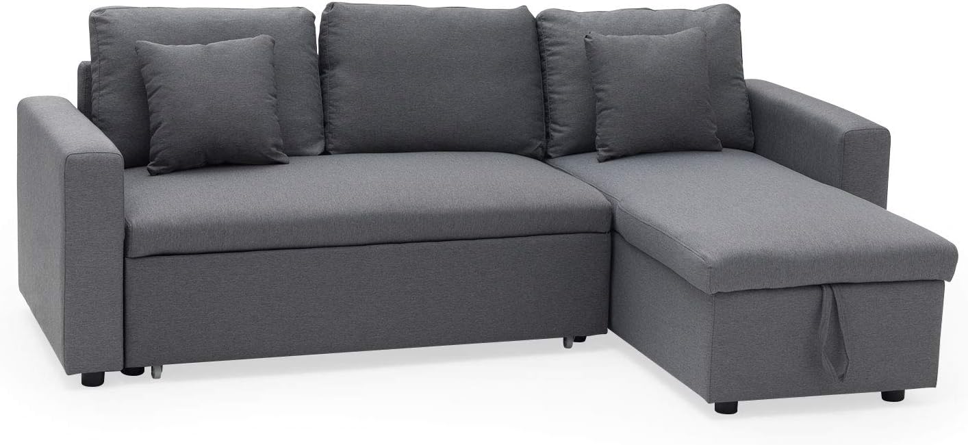 Happy Garden Canapé d'angle Convertible Clark 3 Places en Tissu Gris. Canapé avec méridienne réversible