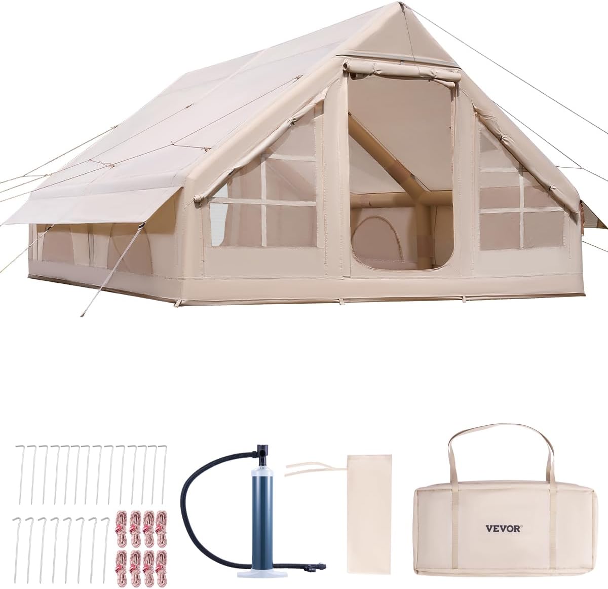 Tentes – Tente de Camping Gonflable Tente de Glamping 3 à 12 Personnes Oxford 300D Facile à Installer, VEVOR, Beige