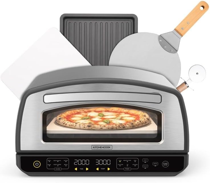 KITCHENCOOK Four à Pizza - 2000w - Jusqu'à 450°c - 12 Programmes - Plaque De Cuisson En émail – Noir/Argent