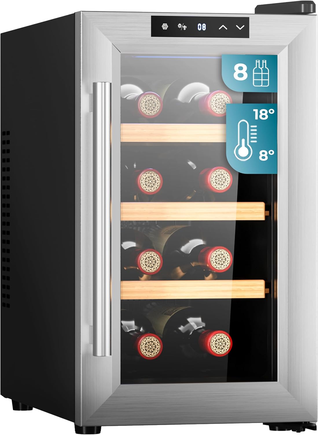 Cecotec Cave à vin 8 bouteilles Bolero GrandSommelier 830 CoolWood – Température réglable: 8-18°C, Faible niveau sonore et haute performance