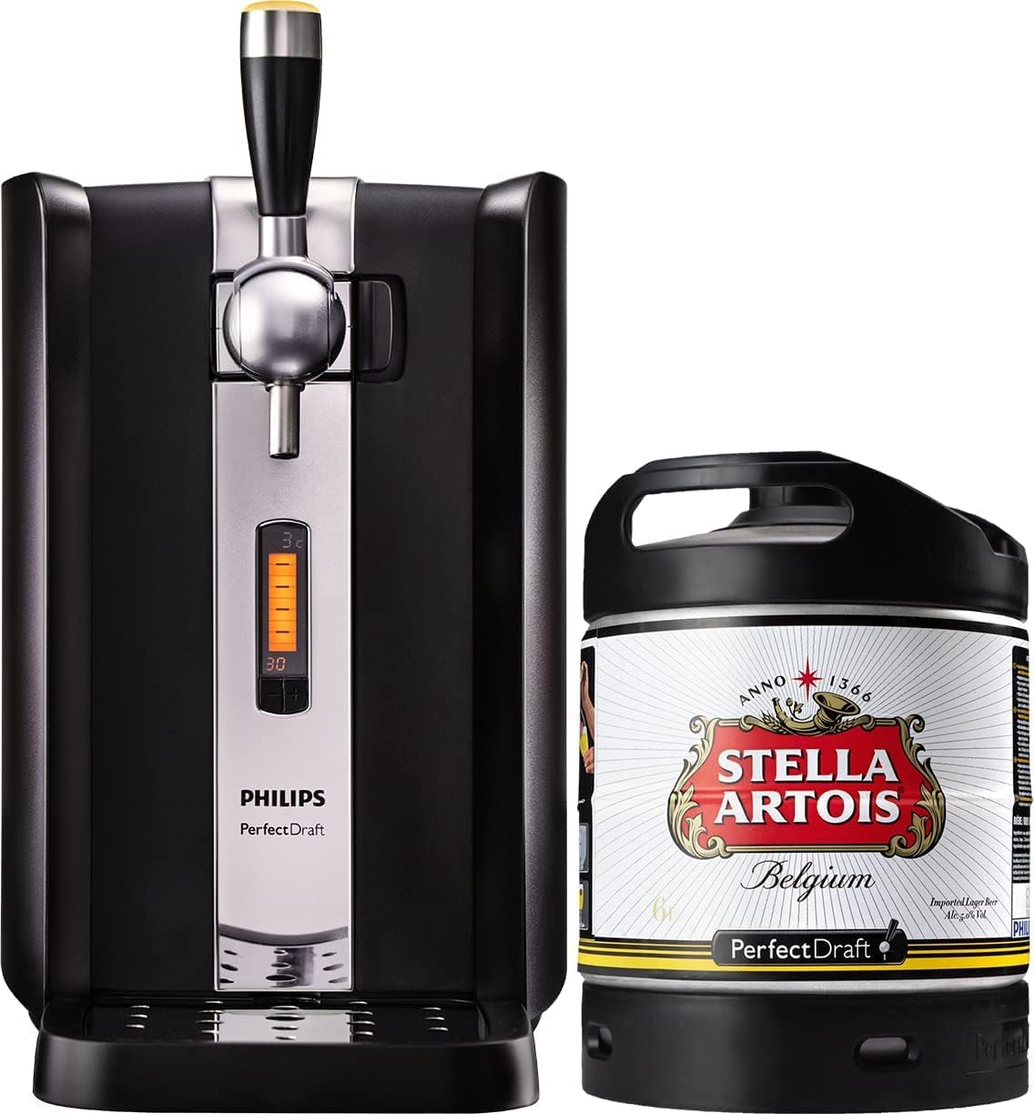 PerfectDraft Pack Tireuse À Bière + 1 Fût Stella Artois 6L – Écran LED Température, 30 Jours Fraîcheur, Machine Pression À Domicile, Noir/Argent