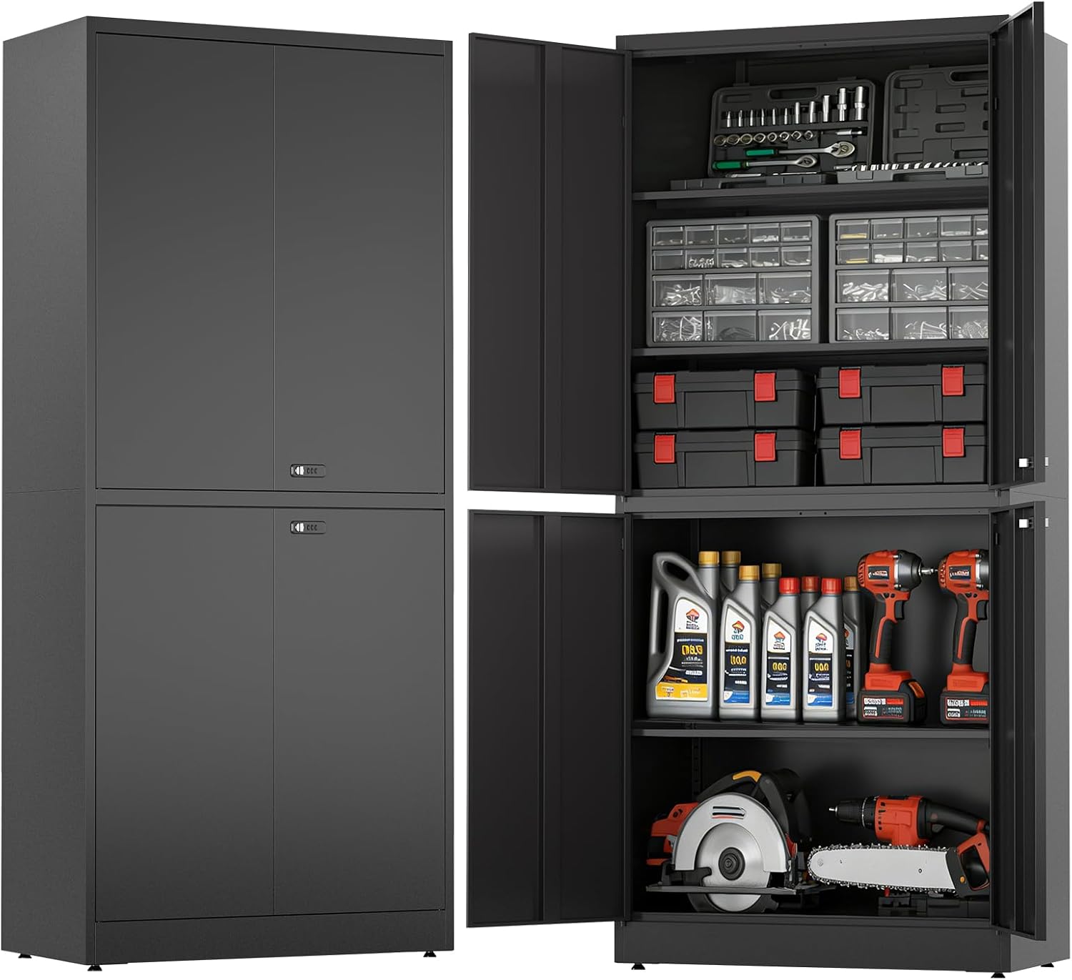 LHForgetech Armoire de Rangement Garage – 40 x 80 x 180 cm, Armoire de Garage à 5 Étagères avec 4 Portes, 2 Serrures