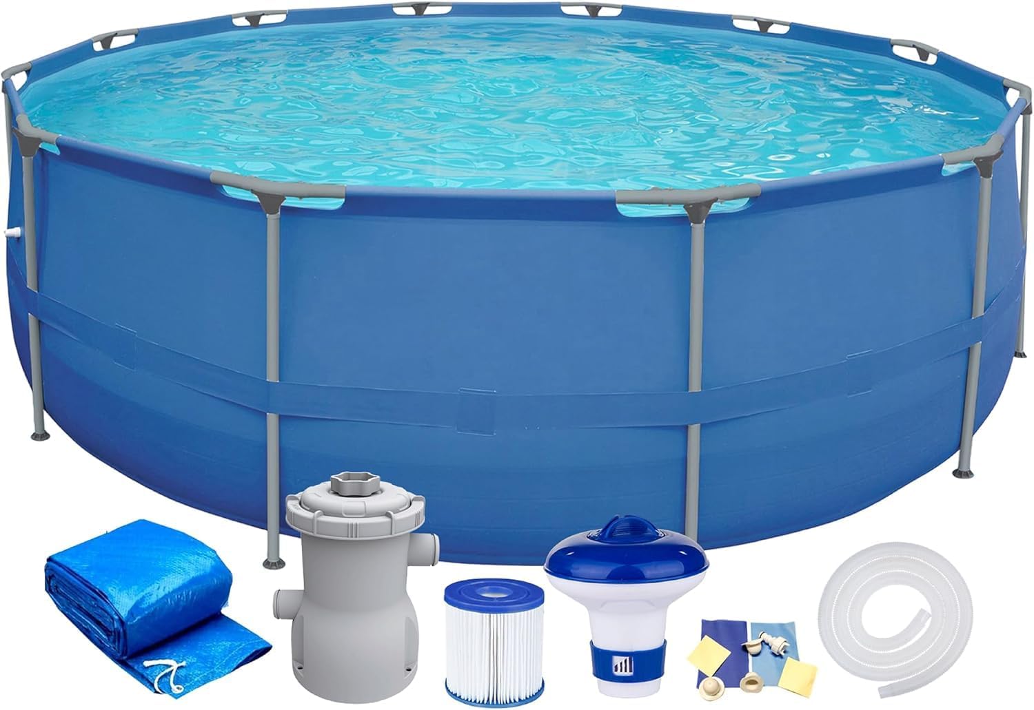 Piscine de Jardin avec Cadre en Acier - Kit Complet avec Pompe filtrante - Couvercle du – Bleu