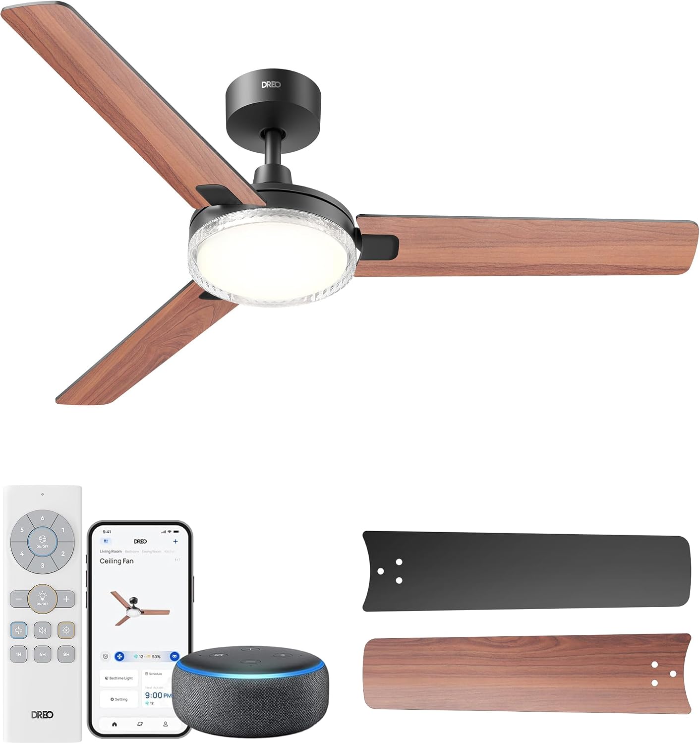 DREO ventilateur de plafond intelligent 132 cm avec lumière – 12 vitesses et 3 modes, température réglable, noir, app
