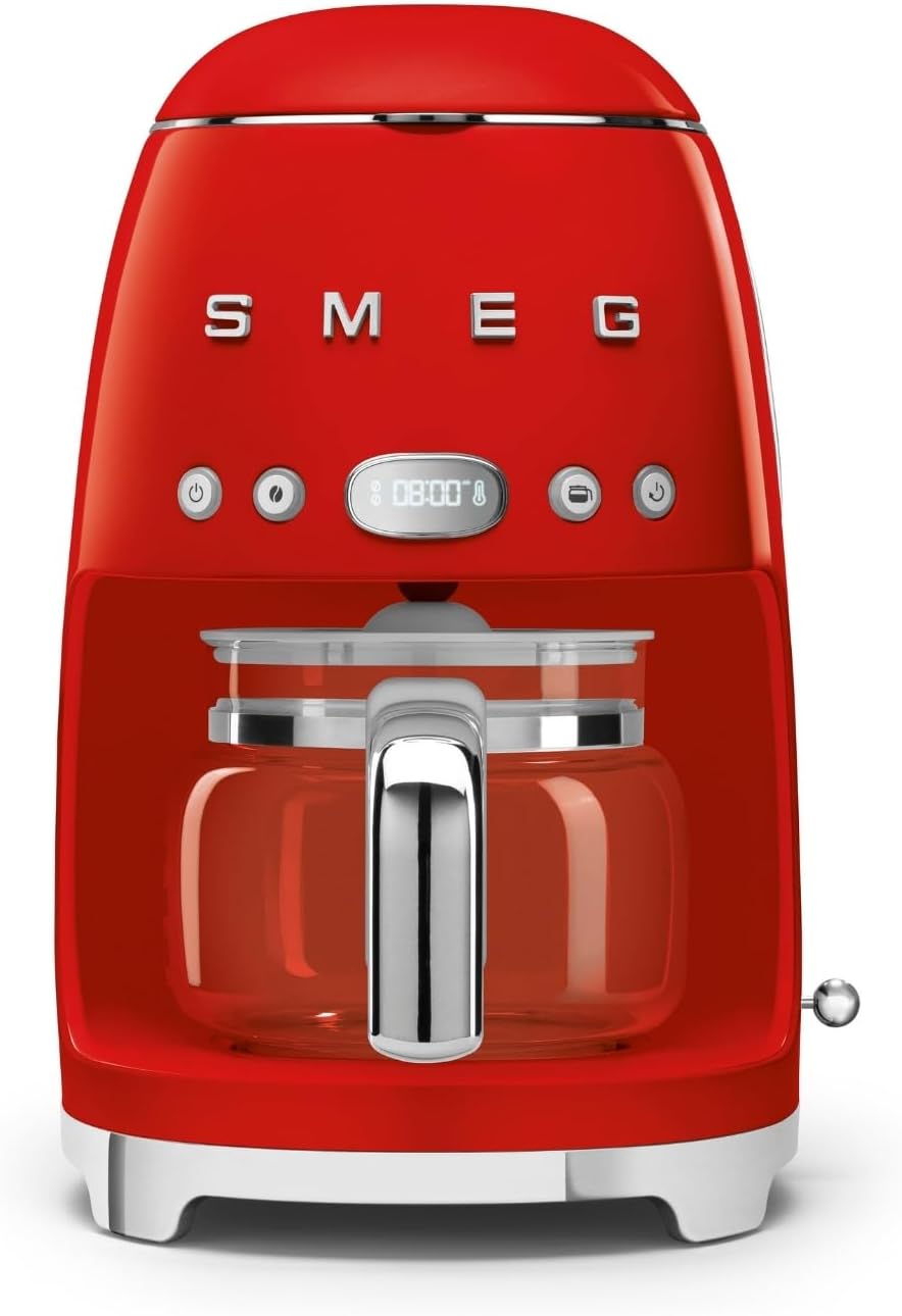 2 Niveaux d'Intensité – Machine à Café Filtre DCF02RDEU – Cafetières filtres, Smeg, 1050 W, Carafe en Verre Jusqu'à 12 Tasses, Rouge