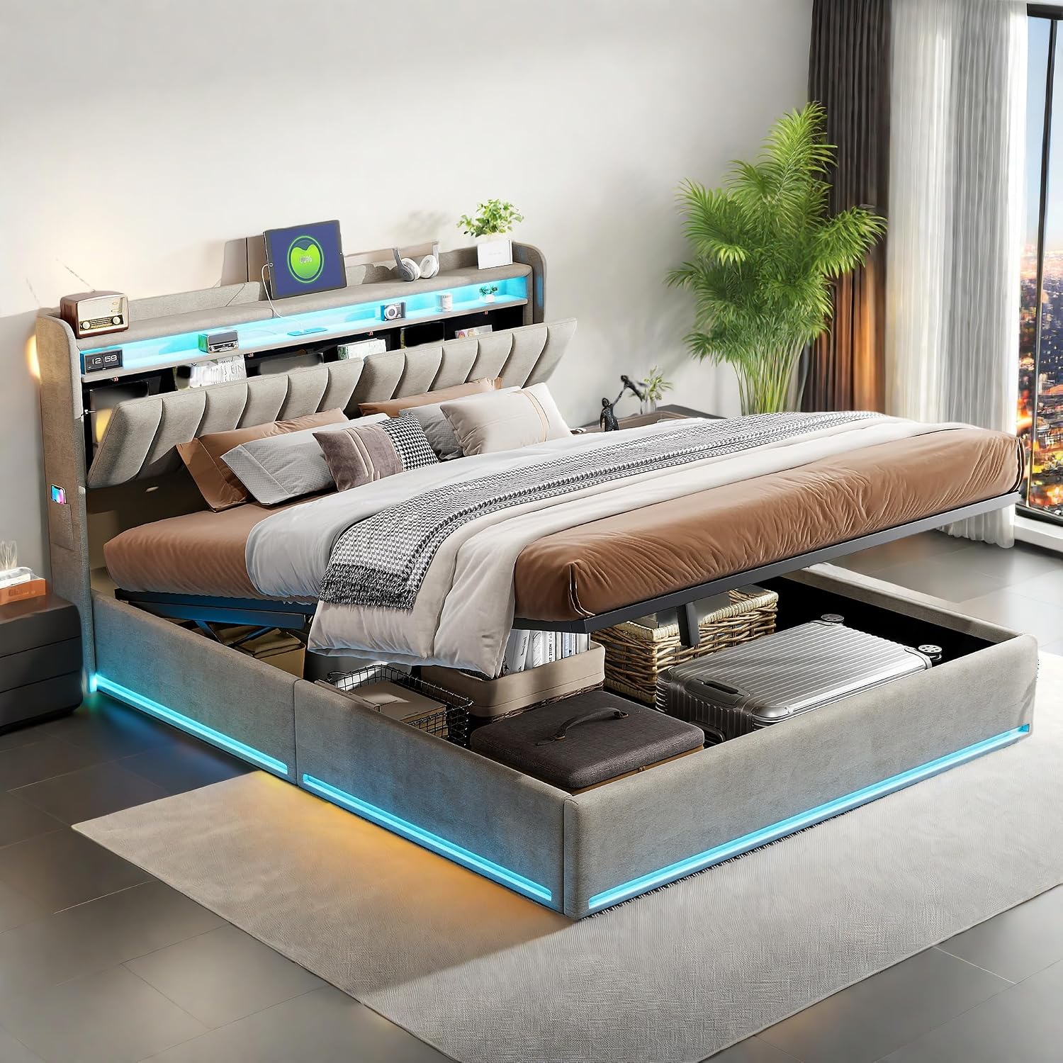 140x200 cm – Lit Coffre 140x200 cm avec LED et Ports USB – Cadres de lit, Mutuolux, Tête de Lits avec Rangement, Gris, Velours