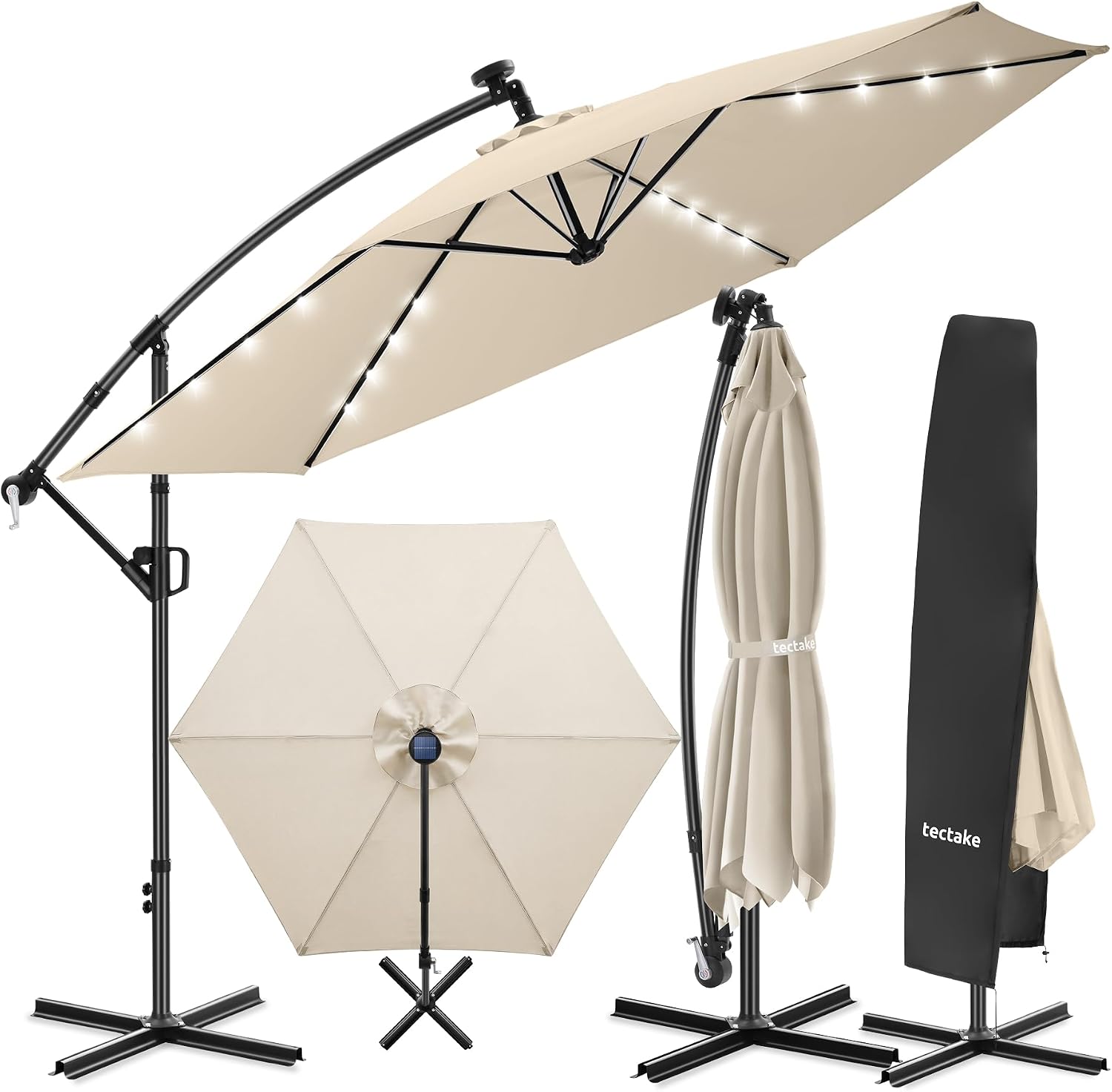 Parasol déporté – tectake, Parasol de jardin exterieur, 5 m avec Eclairage LED, 5 x 3, Pivotant à 360°, Inclinable 90° à 135°, UV 50+