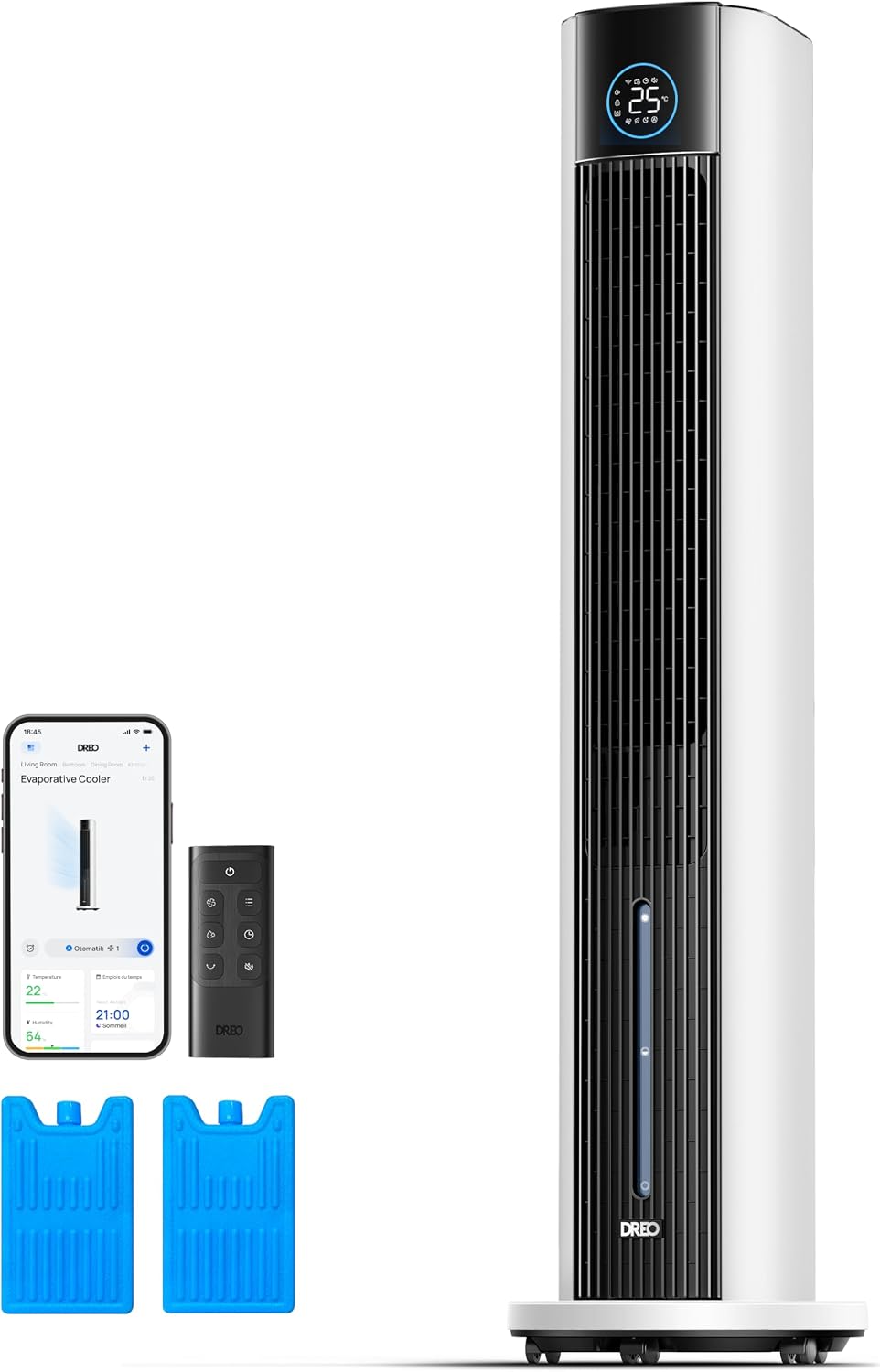 Rafraîchisseurs d'air par évaporation – DREO, Ventilateur Tour avec refroidissement par eau, rafraîchisseur 110 cm, 4 vitesses, 4 modes, blanc