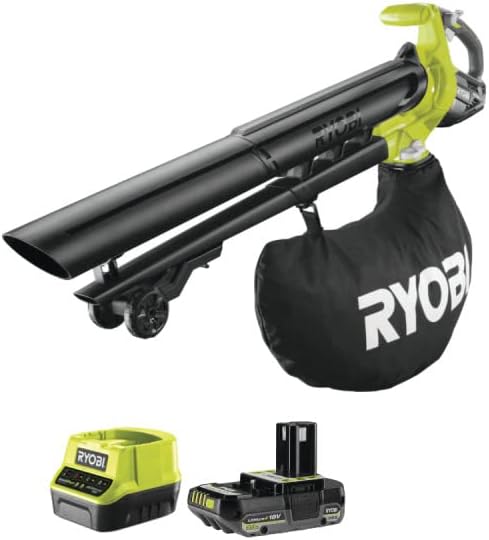 RYOBI Pack RYOBI Souffleur Aspiro-Broyeur OBV18-18V One+ Brushless - 1 Batterie 2.0Ah - 1 Chargeur – Noir/Vert