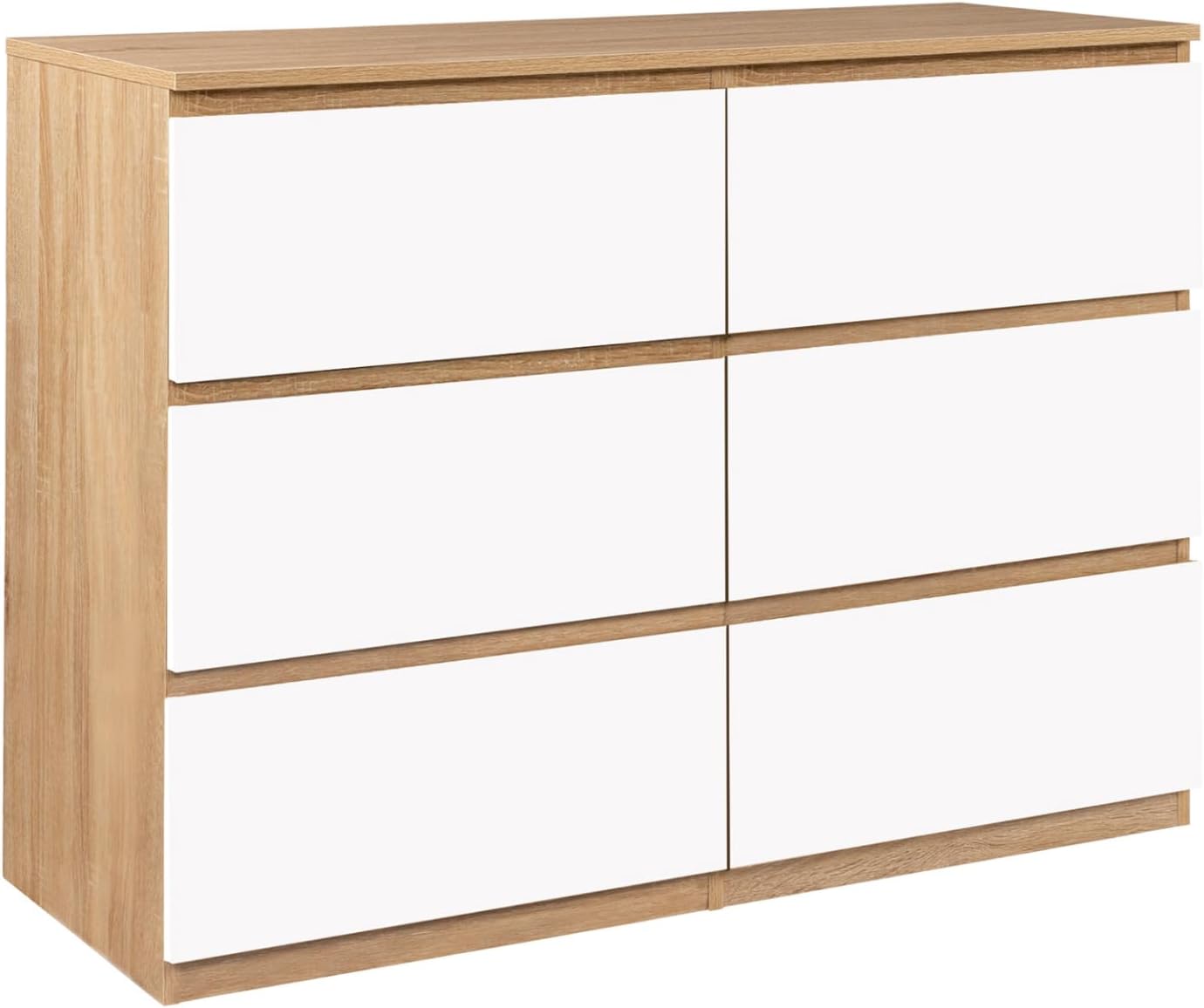 22,5 x Épaisseur 1,2 cmDimensions de l'intérieur d'un tiroir: L – Commode 6 tiroirs TOMI 110 cm Bois façon hêtre et Blanc – Commodes