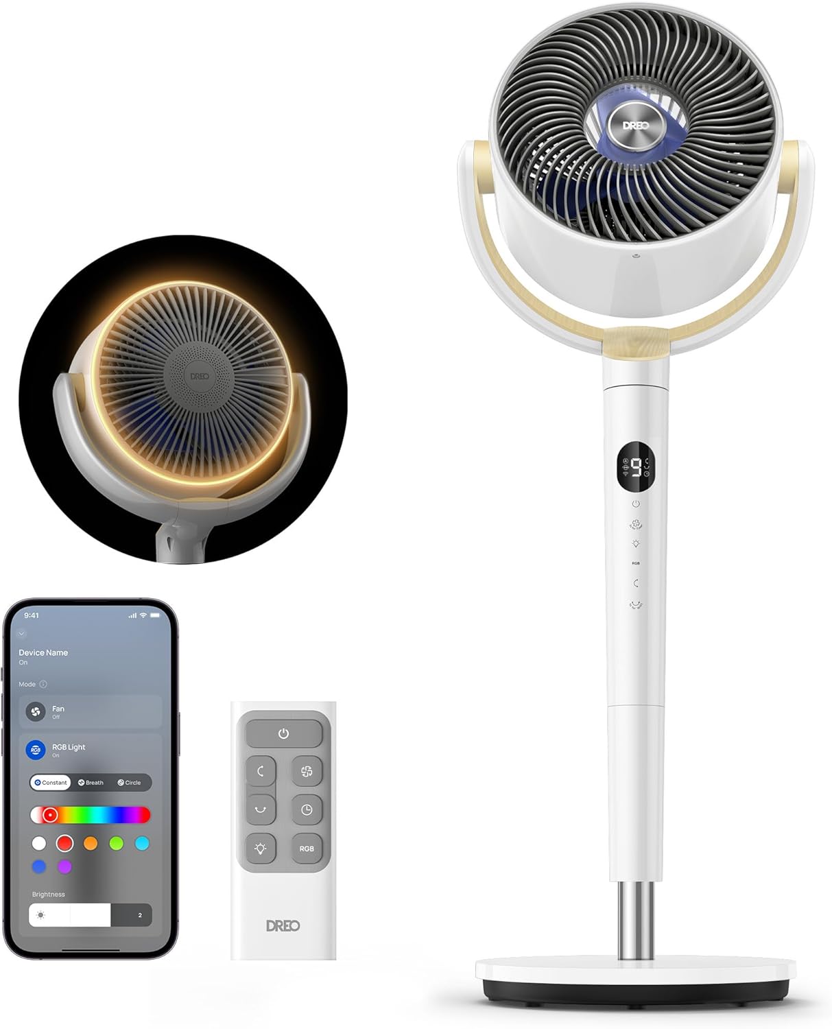23dB Intelligent ventilateur sur pied silencieux – DREO, 6 modes, 8 vitesses, 24M portée, volume d'air 1200m3/h, Blanc/Gris
