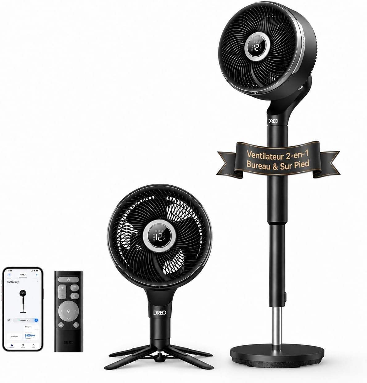Ventilateur Intelligent sur Pied pour Chambre – DREO, 12 Vitesses, 6 Modes, 20 dB, Télécommande, Oscillation 3D 150°+100°, Portée CirculAir 36