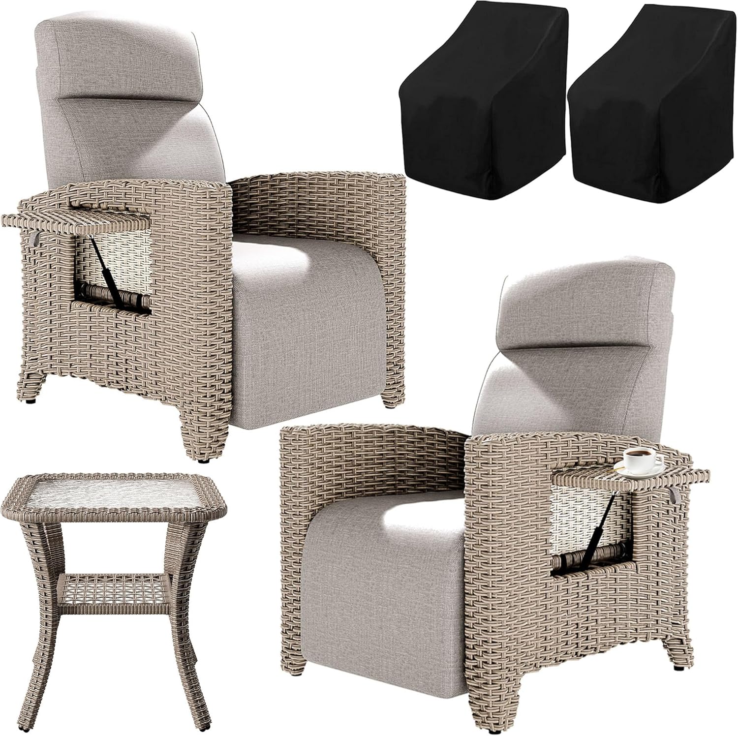 Fiutazge Set de 3X Chaise Longue Bain de Soleil en Rotin avec Dossier Réglable – Coussin épais Amovible